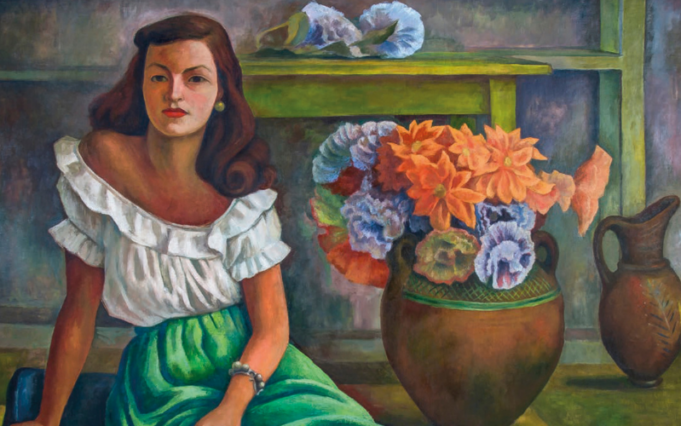 Mujer sentada con flores