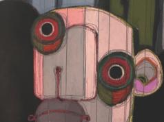 Cino Angioni – “Mr Pig in viaggio”. Opera Mr Pig di Cino Angioni, ritratto stilizzato dai tratti geometrici su fondo scuro.