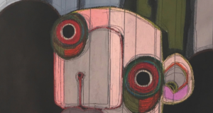 Cino Angioni – “Mr Pig in viaggio”. Opera Mr Pig di Cino Angioni, ritratto stilizzato dai tratti geometrici su fondo scuro.