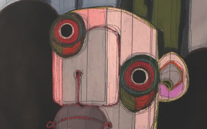 Opera Mr Pig di Cino Angioni, ritratto stilizzato dai tratti geometrici su fondo scuro.