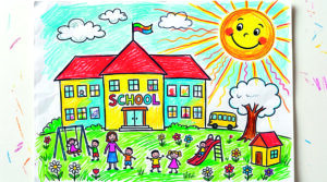 Disegno colorato di una scuola con bambini nel giardino, giochi, fiori e un grande sole sorridente.