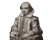 Romeo e Giulietta che negarono le stelle Illustrazione di William Shakespeare con una mano appoggiata su un teschio e un libro accanto.