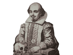 Romeo e Giulietta che negarono le stelle Illustrazione di William Shakespeare con una mano appoggiata su un teschio e un libro accanto.
