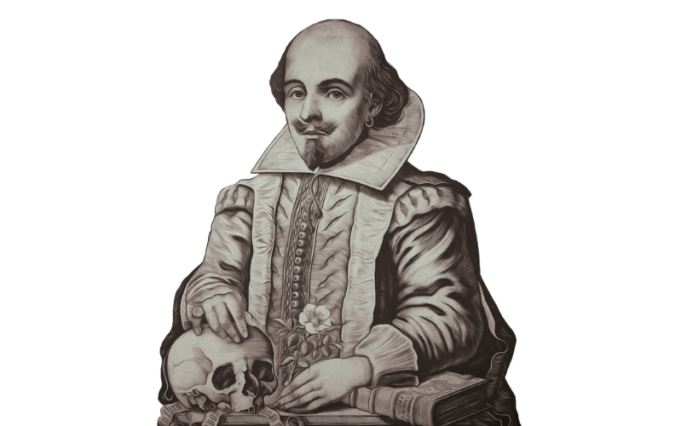 William Shakespeare Illustrazione di William Shakespeare con una mano appoggiata su un teschio e un libro accanto.