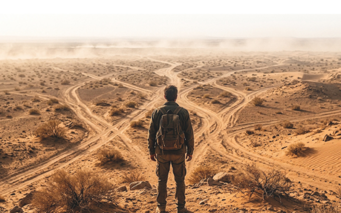 immagine articolo matteo saudino Viaggiatore con zaino osserva un paesaggio desertico attraversato da numerose piste sterrate.