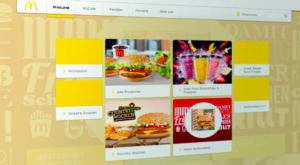 Schermata del sito web di McDonald&rsquo;s con menu prodotti, panini, smoothie e promozioni.