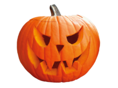 Una zucca, due continenti Zucca di Halloween intagliata con volto spaventoso su sfondo bianco.